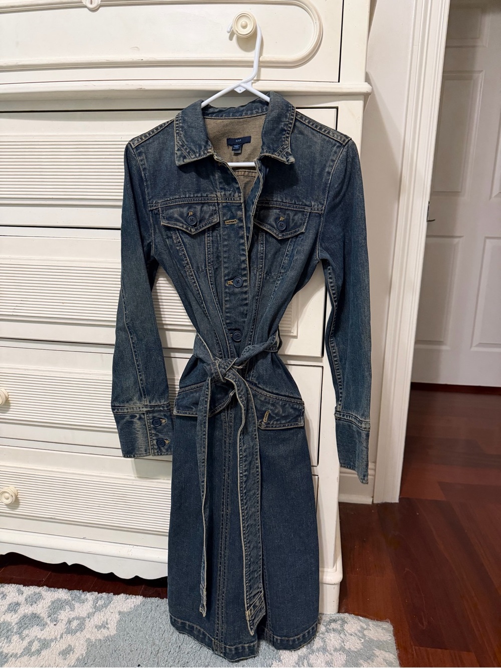GAP Dark Blue Denim Tie-Waist Trench Coat